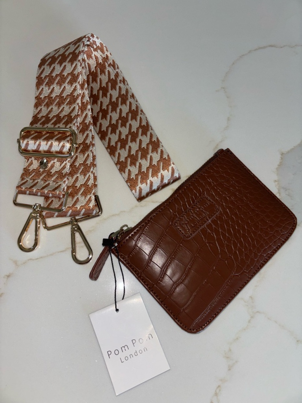 Pom Pom pompom London tan houndstooth strap + chestnut croc coin purse NWT